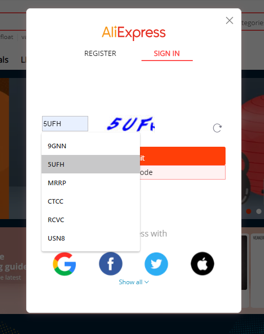 Captchas identiques apparaissant sur plusieurs sessions AliExpress