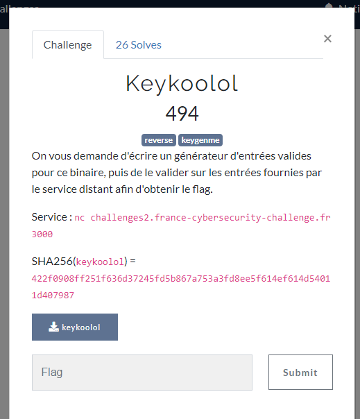 Description du challenge Keykoolol